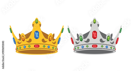 Two royal crowns are displayed one gold and one silver