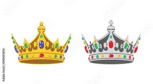 Two ornate crowns one gold and one silver with colorful gemstones
