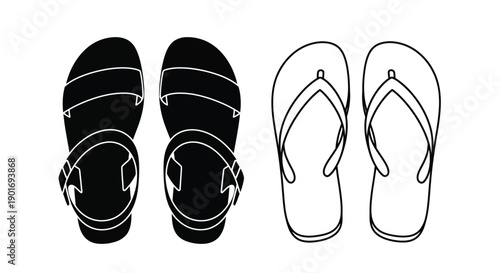 Pair of sandals depicted in both solid black and white line art