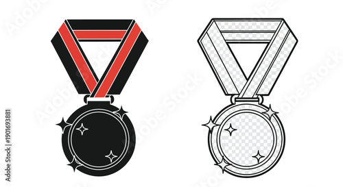 Two medal illustrations one black and red one grayscale