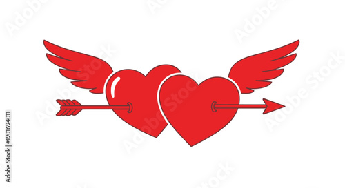 Two red hearts pierced by an arrow adorned with wings