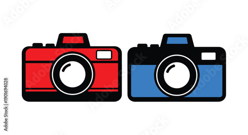 Two vintage cameras one red and one blue depicted in a graphic style
