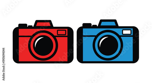 Two vintage cameras one red and one blue are displayed side by side