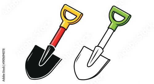 Two cartoon shovels one colored and one outlined in white