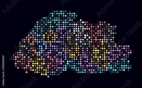 Bhutan, shape of the country build of colored cells. Digital style map of the Bhutan on dark background. Small size circle blocks. Modern vector illustration.