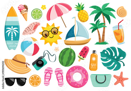 Summer beach Elements clipart set. Colorful summer Elements clip art like surfboard, beach ball, umbrella, fruits and ice cream for holiday vacation element collection vector illustration.
