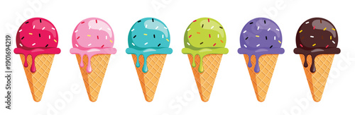 Ice Cream waffle cone clipart set. Colorful Ice Cream cone clip art with sprinkles and different flavors for summer break sweet dessert graphic design template collection vector illustration.
