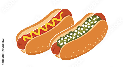 Two cartoon hotdogs one with mustard and one with relish on buns
