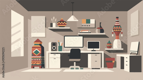 Illustration Of A Workspace With Traditional Cultural Objects And Modern Devices Neatly Arranged Vector Design Template