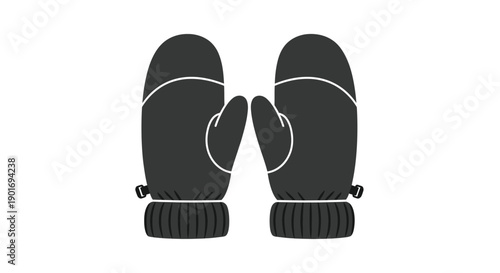 A pair of black mittens with white ribbed cuffs facing forward