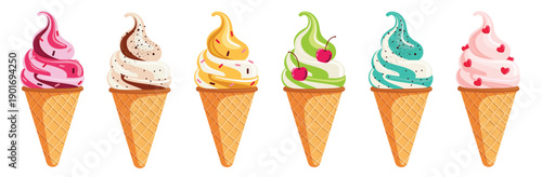 Ice Cream swirl clip art set. Sweet swirl Ice Cream clip art with different flavor in waffle cone flat drawing graphic design collection template vector illustration.
