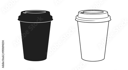 Two coffee cups one black and one white shown in a simple outline style