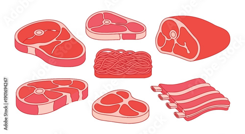 Various cuts of raw red meat and a bundle of sausages displayed