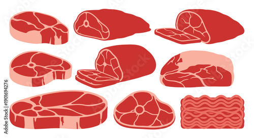 Illustrative depiction of various cuts of raw red meat for culinary use