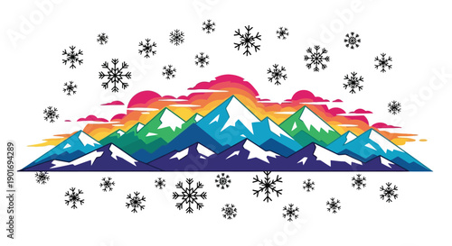 Colorful mountain range illustration with falling snowflakes and rainbow sky