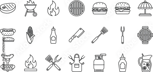 barbecue, grill, bbq, cooking, icons, outline, vector, food, outdoor, picnic, utensils, flame, burger, sausage, meat, kitchen, minimal, black, white, set
