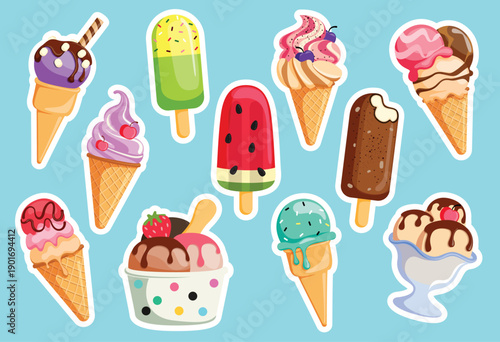 Ice Cream and popsicle sticker clipart set. Sweet Ice Cream and popsicle for summer dessert printable sticker collection with different flavor flat drawing elements vector illustration.
