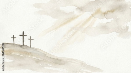 easter christ jesus cross crucifixion resurrection faith watercolor illustration with three crosses on calvary hill under divine sun rays for religious spiritual christian backgrounds