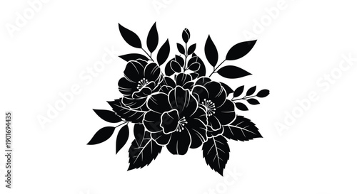 Black and white floral arrangement with leaves and blossoming flowers