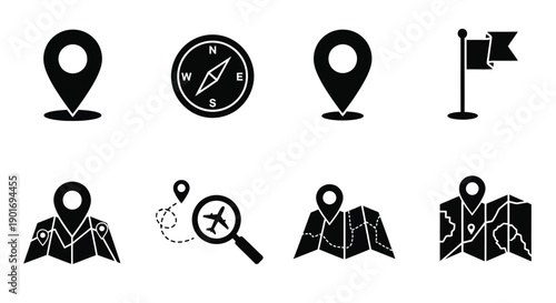 Black and white travel icons depicting locations navigation and landmarks