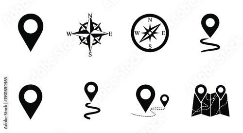 Black icons depicting location pins compasses and map elements