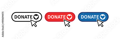 Charity Donation Button Icon with Heart Symbol, Donation Call to Action Button Vector