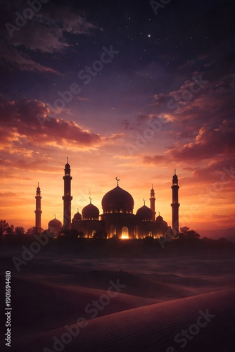 Mosque Silhouette Ramadan Sunset Background