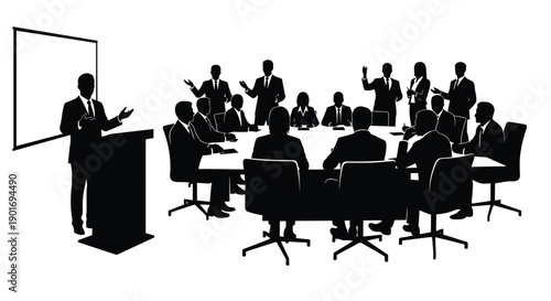 A business meeting in progress with a presenter at a podium