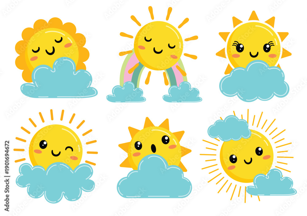 Fototapeta premium Sun with faces and cloud clipart set. Sun with faces behind the cloud clip art yellow Sun characters logotype drawing elements collection vector illustration. 
