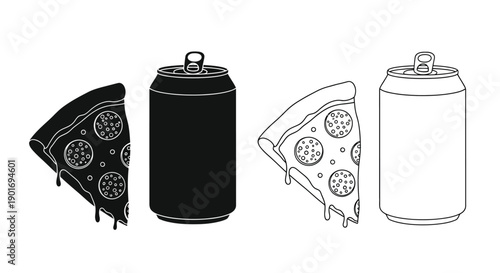 Black and white illustration of pizza slices and soda cans