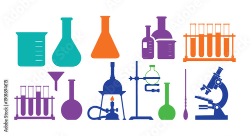 Colorful illustration of various laboratory equipment and scientific tools