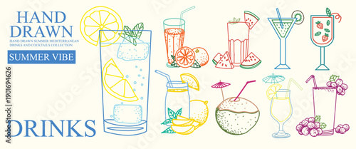 Hand drawn summer drinks vector collection with cocktails, lemonade, fruit juice and tropical beverage. Colorful line art, fresh Mediterranean vibe for menu, poster, banner and social media design.