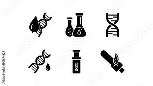 DNA and Drug Testing Icons Set – Black and White Medical Laboratory Vector Symbols