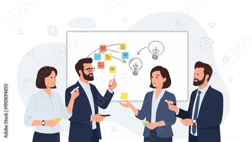 Team Brainstorming Ideas on Whiteboard for Business Strategy and Planning