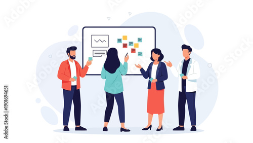 Team brainstorming ideas on whiteboard, collaboration and planning