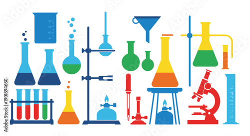 Colorful illustration of various laboratory glassware and scientific equipment