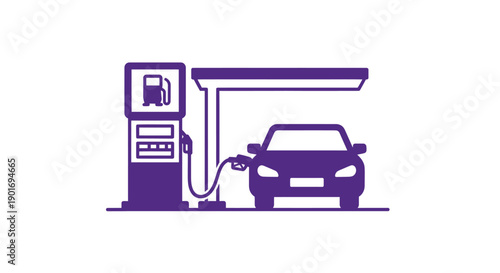 Purple gas station icon featuring a car refueling at a pump