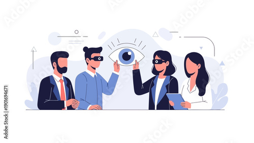 Team exploring virtual reality, digital eye in metaverse, business innovation concept