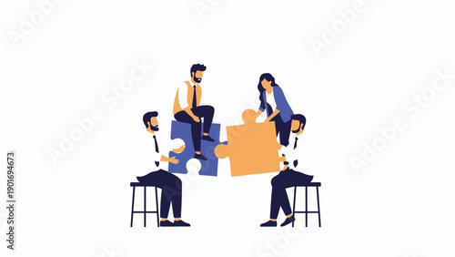 Teamwork and collaboration concept, people assembling puzzle pieces, business success