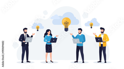 Teamwork and Innovation: Diverse people with laptops generating ideas