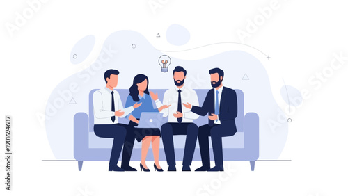 Teamwork brainstorm session on sofa with laptop and lightbulb idea