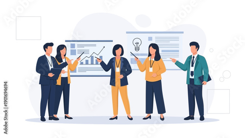 Teamwork business meeting with presentation charts and lightbulb idea