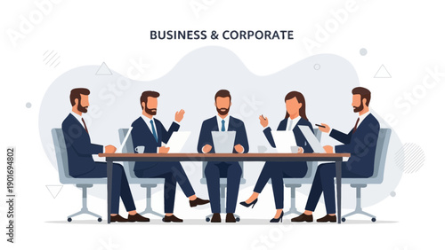 Business Meeting Table Discussion Corporate Team Collaboration Flat Illustration