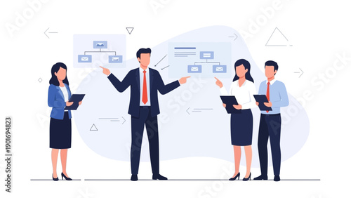 Business meeting with flowchart illustration, team discussion, strategy planning