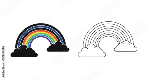 Colorful and outline rainbow illustrations with fluffy clouds below