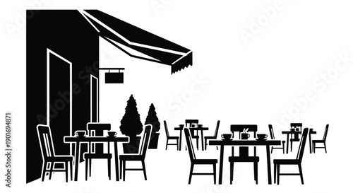Black and white illustration of an outdoor cafe with city skyline