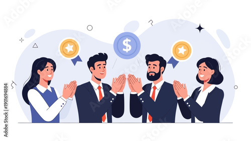 Business Team Applauding Success and Recognition with Awards and Money