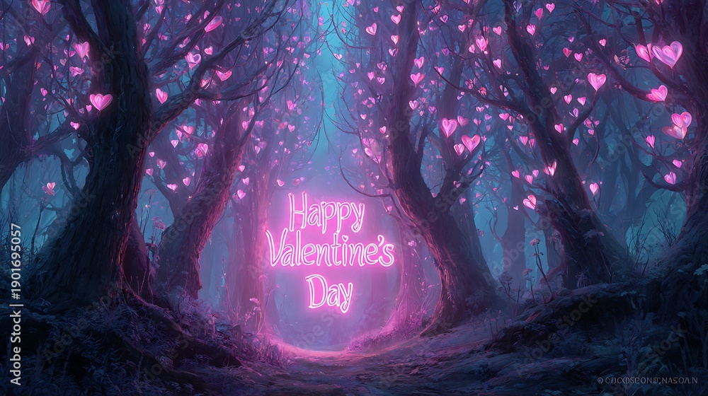 Fototapeta premium Magical forest with glowing pink hearts and Happy Valentine's Day message