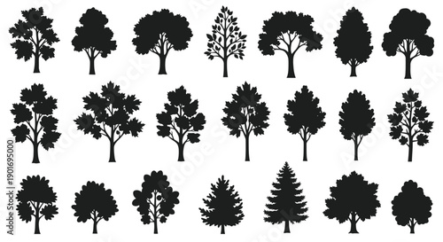 Collection of diverse black silhouette trees arranged in a grid pattern