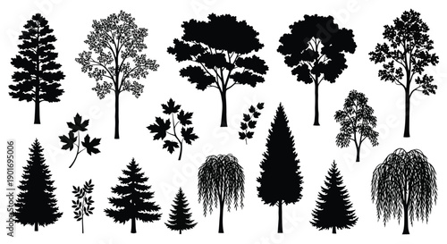 A collection of various tree silhouettes in black and white